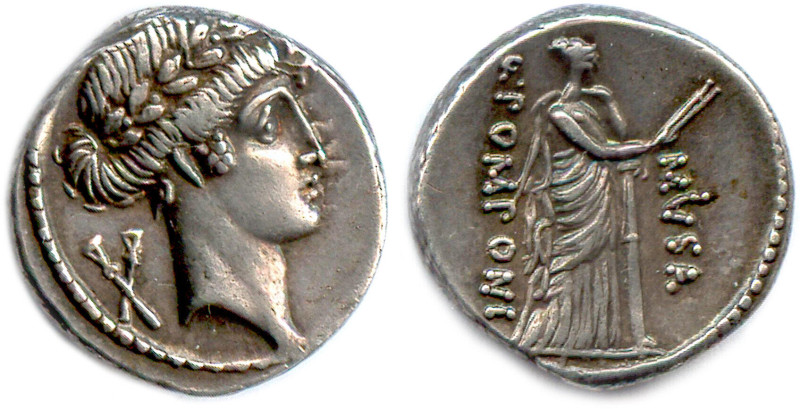 POMPONIA Q. Pomponius Musa 66-56 Tête laurée d'Apollon à droite. Derrière, deux ...
