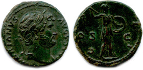 HADRIEN 11 août 117 - 10 juillet 138
HADRIANVS AVGVSTVS. Sa tête laurée à droite. R/. COS III. Pallas debout à droite, vêtue de l'égide et d'un chito...
