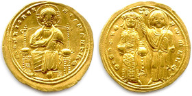ROMAIN III ARGYRE 12 novembre 1028 - 11 avril 1034
IhS XIS REX REGNANTInm. Le Christ en majesté. R/. ΘCE bOHΘ´ RWmAnW. L'empereur couronné par la Vie...