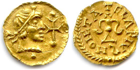 BANASSAC (Javols Lozère) DAGOBERT I Monétaire ELAFIUS 620-640
Tête diadémée à droite. Dessous, besant et devant, croix entre deux besants. R/. T ELAF...