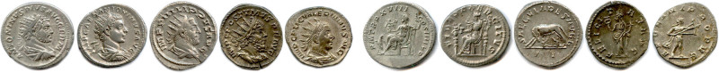 Cinq antoniniens d’argent et billon : Caracalla, Élagabale, Philippe L’Arabe, Po...