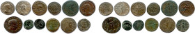 Douze monnaies romaines 
en bronze et en billon : 
Aurélien, Tacite, Probus,
Magnence, Constantin Ier, 
Constance Chlore, 
Maximin II Daza,
Lici...
