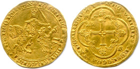 JEAN II LE BON 1350-1364
IOHANNES: DEI: GRACIA: FRANCORV: REX. Le roi à cheval, galopant à gauche, l’épée haute, coiffé d’un heaume 
couronné sommé ...