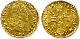 LOUIS XIV 1643-1715
Louis d'or au buste juvénile lauré 1670 L = Bayonne. (6,70 g) ♦ Dy 1425 ; Fr 421 
Flan lustré. Très beau. 

Estimate: EUR 1200...