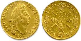 LOUIS XIV 1643-1715
Double-louis d'or aux Quatre L 1694 A = Paris. (13,46 g) ♦ Dy 1439 ; Fr 432 
Chevelure retouchée. Très beau. 

Estimate: EUR 2...