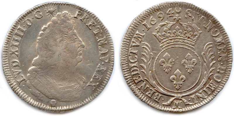 LOUIS XIV 1643-1715
Écu d'argent aux Palmes 1694 M = Toulouse. (27,00 g) ♦ Dy 1...