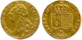 LOUIS XVI Fils de Louis Ferdinand et de Marie Josèphe de Saxe 10 mai 1774 - 21 janvier 1793
Double-louis d'or au buste nu 1788 AA = Metz. (15,21 g) ♦...