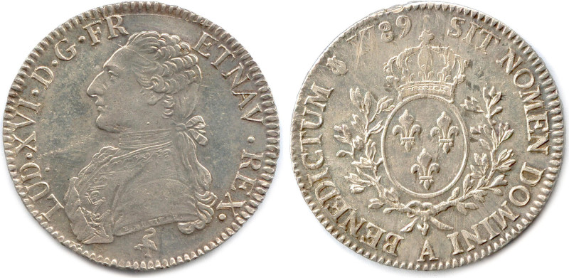 LOUIS XVI 1774-1793
Écu d'argent dit aux lauriers 1789 A = Paris. (26,36 g) ♦ D...