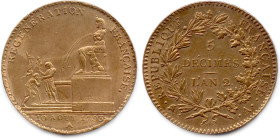 LOUIS XVI Gouvernement Constitutionnel 1791-1793
5 Décimes en bronze à la Fontaine d’Isis de Dupré 1793-an 2 A = Paris. (24,26 g) Superbe. 

Estima...