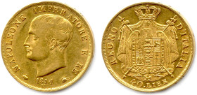 NAPOLÉON Ier Roi d’Italie 1805-1814
40 Lire or 1814 Milan. (12,88 g) 
♦ Fr 5 
T.B./Très beau. 

Estimate: EUR 500 - 550