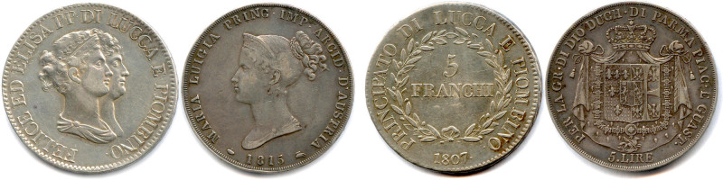 MARIE-LOUISE et ÉLISA BONAPARTE 
Deux monnaies d'argent : 
5 Franchi de Felix ...