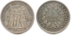 GOUVERNEMENT INSURRECTIONNEL DE LA COMMUNE DE PARIS 18 mars - 28 mai 1871
5 Francs argent type Hercule “Camélinat” 1871 Paris (trident). (24,86 g) 
...