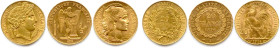IIe et IIIe RÉPUBLIQUE 
Trois monnaies en or : 
20 Francs Cérès 1851 Paris, 20 Francs Génie 1896 Paris et 20 Francs Coq 1914. (19,34 g les 3) 
Très...