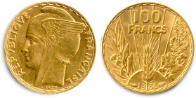 IIIe RÉPUBLIQUE 1870-1940
100 Francs or de Lucien Bazor 1936 (6,56 g) ♦ Gad 1148 
Superbe. 

Estimate: EUR 800 - 850