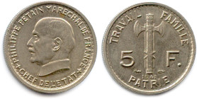 ÉTAT FRANÇAIS - Maréchal Philippe PÉTAIN 1940-1944
5 Francs nickel 1941. (3,98 g) ♦ Gad 190 
Superbe. 

Estimate: EUR 100 - 120