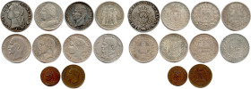 DE LOUIS XV À LA IIIe RÉPUBLIQUE 
Lot de huit monnaies françaises en argent : 
Écu au bandeau 1766 Pau, 5 Francs Louis XVIII 1815 Perpignan, 5 Franc...