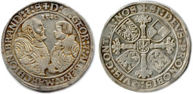 ALLEMAGNE - BRANDEBOURG FRANCONIE 
GEORGES d'Ansbach et ALBRECHT de Bayreuth 1536-1543
Thaler d'argent 1540 Schwabach. (28,97 g) ♦ Dav 8967 
Très b...