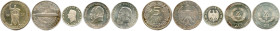 ALLEMAGNE 
Cinq pièces d'argent : 
République de Weimar 5 Reichs Mark 1930 E, 5 Reichs Mark 1929 Zeppelin ; 
IIIe Reich 2 Reichs Mark Friedrich Sch...