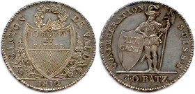 SUISSE - CANTON DE VAUD 
Thaler d'argent de 40 Batzen 1812 Lausanne. (29,45 g) ♦ Dav 362 (2485 ex.) Rare. Superbe. 

Estimate: EUR 500 - 550