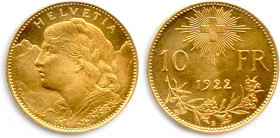 SUISSE Confédération helvétique 
10 Francs or Vrénéli 1922 Berne. (3,23 g) ♦ Fr 504 
Flan bruni. Superbe. 

Estimate: EUR 100 - 120