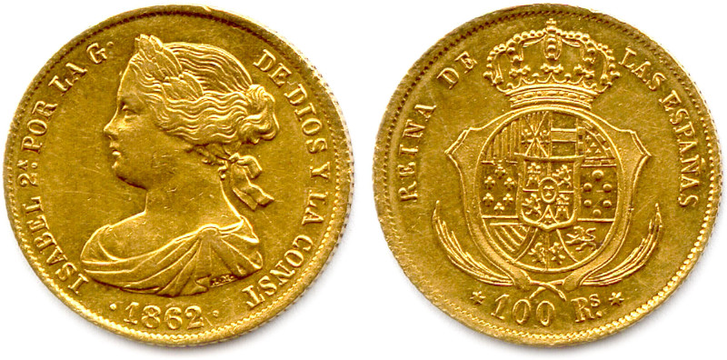 ESPAGNE - ISABELLE II 1833-1868
100 Reales d'or 1862 Madrid. (8,38 g) ♦ Fr 331a...