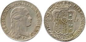 ITALIE - NAPLES Royaume des Deux Siciles - FERDINAND IV 1ère période 1759-1799
Piastre d'argent de 120 Grana 1798 A-P. (27,62 g) ♦ Dav 1409 ; MIR 373...