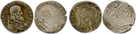 ITALIE - VATICAN 
Deux monnaies d'argent : 
Blanc de Bologne de Pie V (1556-1527) ; Teston d'Ancone de Grégoire XIII (1572-1585). 
T.B. et Très bea...