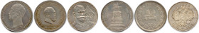 RUSSIE 
Trois monnaies d'argent : 
Alexandre II (1855-1881)
Rouble 1859 Mémorial de Nicolas II ;
Alexandre III (1881-1894)
Rouble 1883 Couronneme...