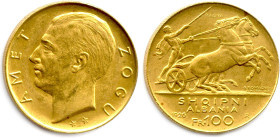 ALBANIE - AMET ZOGU Président 1925-1928
ESSAI 100 Francs or 1926 Rome (deux étoiles). (32,31 g) ♦ Fr 1 
Trace de frottement à l'avers. Très beau/Sup...