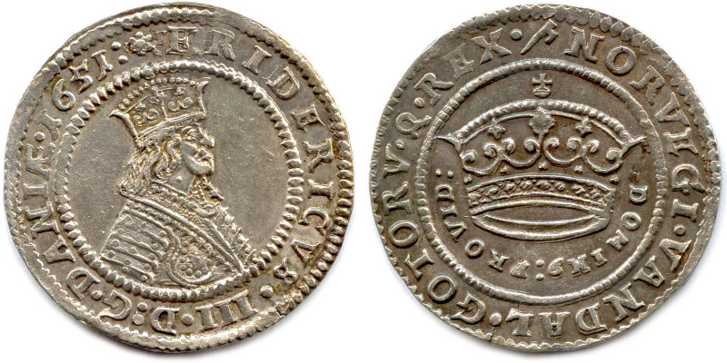 DANEMARK - FRÉDÉRIC III 1648-1670
Couronne d'argent de 4 Mark 1651. (18,32 g) ♦...