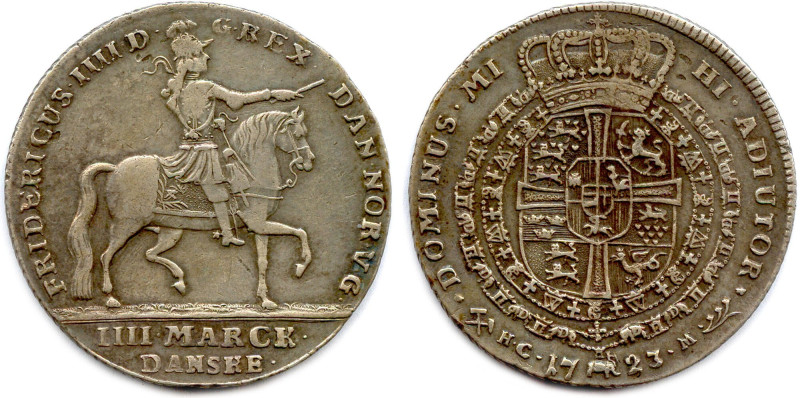 DANEMARK - FRÉDÉRIC IV 1699-1730
Couronne d'argent de 4 Mark 1723 HCM Kongsberg...