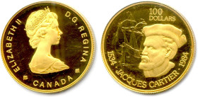 CANADA - ÉLISABETH II 1952-2022
100 Dolars or 1984 Ottawa. 450e anniversaire de la 1ère expédition de Jacques Cartier en 1584. (16,92 g)
Flan bruni....