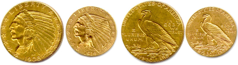 ÉTATS-UNIS D'AMÉRIQUE
Deux monnaies d'or (Indien) :
5 Dollars 1908 Denver et 2...