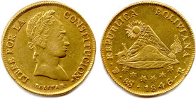 BOLIVIE RÉPUBLIQUE 1825-
8 Escudos d'or 1846 Potosi. (27,07 g) ♦ Fr 26 
Lustré. T.B. 

Estimate: EUR 800 - 900