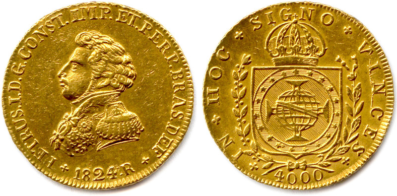 BRÉSIL - PIERRE Ier 1822-1831
4000 Reis d'or 1824 Rio. (7,91 g) ♦ Fr 110
Trace...