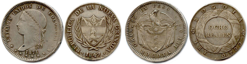 COLOMBIE RÉPUBLIQUE 
Deux monnaies d'argent : 
8 Reales 1847 Nouvelle Grenade ...