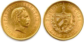 CUBA RÉPUBLIQUE 
Diez (10) Pesos d'or (Marti) 1916 Philadelphie. (16,75 g) ♦ Fr 3 
Très beau. 

Estimate: EUR 600 - 650