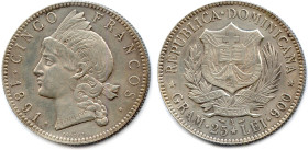 RÉPUBLIQUE DOMINICAINE
Cinco (5) Francos d'argent 1891. Paris. (25,02 g) ♦ KM 12
Monnaies frottée. Très beau.

Estimate: EUR 150 - 180