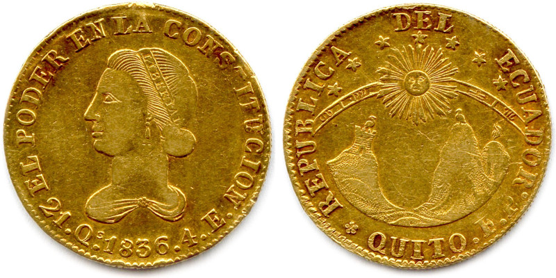 ÉQUATEUR RÉPUBLIQUE
4 Escudos 1836 Quito FP. (13,06 g) ♦ Fr 4
Traces de griffe...