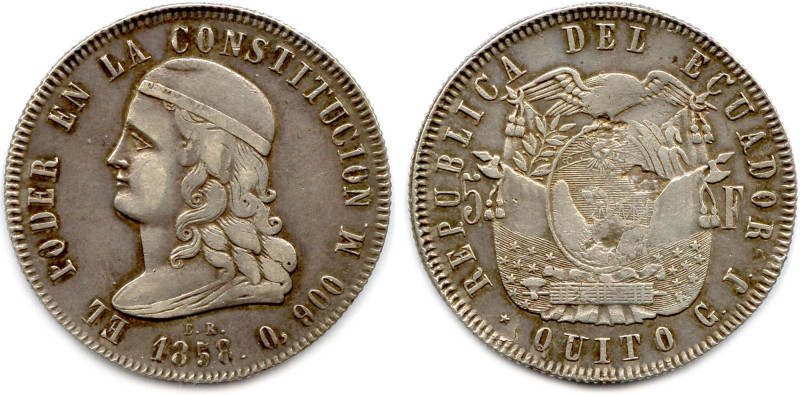 ÉQUATEUR RÉPUBLIQUE 1830-
5 Francos argent (Liberté) 1858 Quito GJ Guillermo Ja...