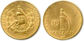 GUATÉMALA RÉPUBLIQUE 
10 Quetzales d'or 1926. (16,75 g) ♦ Fr 49 
Très beau. 

Estimate: EUR 600 - 650