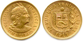 PÉROU RÉPUBLIQUE 
Una Libra d'or 1917 Lima. (8,00 g) ♦ Fr 73 
Superbe. 

Estimate: EUR 300 - 350