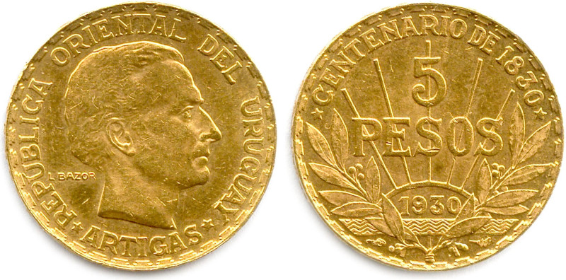 URUGUAY RÉPUBLIQUE 
5 Pesos d'or 1930 (José Artigas) Bazor Paris. Centenaire 18...