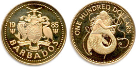 BARBADE 
100 Dollars d'or pâle (Amphitrite épouse de Neptune) 1985. (6,52 g) ♦ Fr 10
Flan bruni. Superbe. 

Estimate: EUR 150 - 180