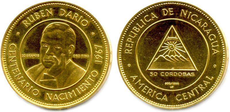 NICARAGUA RÉPUBLIQUE 
50 Cordobas d'or (Ruben Dario) 1967. (35,59 g) ♦ Fr 1 
S...