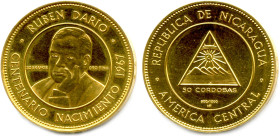 NICARAGUA RÉPUBLIQUE 
50 Cordobas d'or (Ruben Dario) 1967. (35,59 g) ♦ Fr 1 
Superbe. 

Estimate: EUR 1200 - 1400