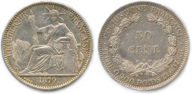 COCHINCHINE - IIIe RÉPUBLIQUE 1871-1940
50 Centimes argent 1879 Barre. (13,63 g) ♦ Lec 75 
Très beau. 

Estimate: EUR 150 - 180