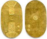 JAPON 1860-1867
Manen Koban Ryo d'or. (3,33 g) ♦ Fr 17 ; KM C 22d 
Très beau. 

Estimate: EUR 400 - 450