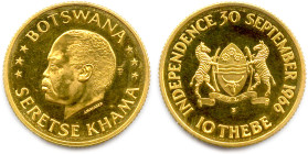 BOTSWANA 1966-
10 Thebe or 1966. Seretse Khama. (11,31 g) ♦ Fr 1
Flan bruni. Trace de manipulation. Superbe. 

Estimate: EUR 500 - 550