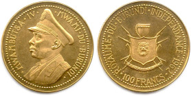 BURUNDI 1962-
100 Francs or 1962. Mwambutsa IV (1962 - 1966). Indépendance. (32,05 g) 
♦ Fr 5 
Superbe. 

Estimate: EUR 1200 - 1400